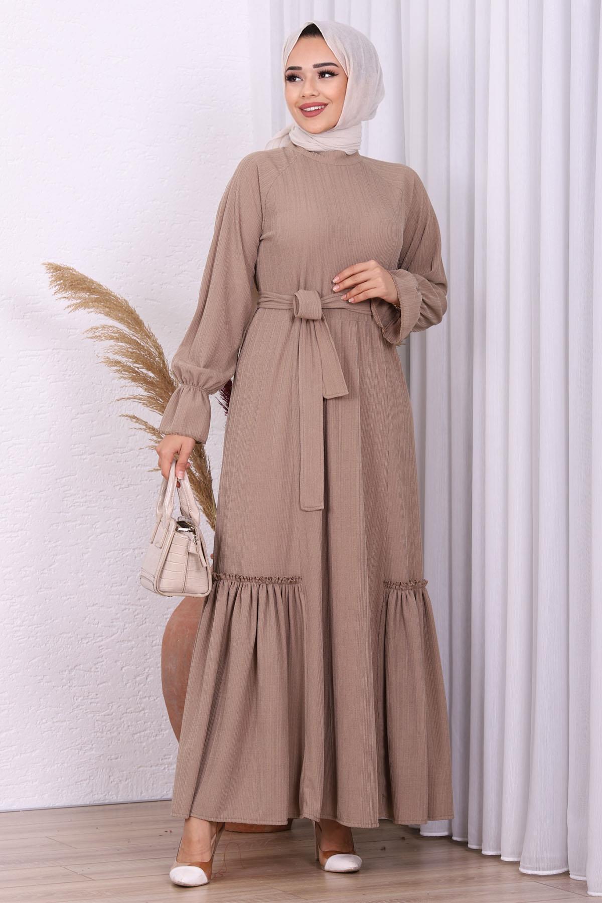 Yanları Fırfırlı Gofre Kumaş Elbise-TOPRAK - Moda Ensar