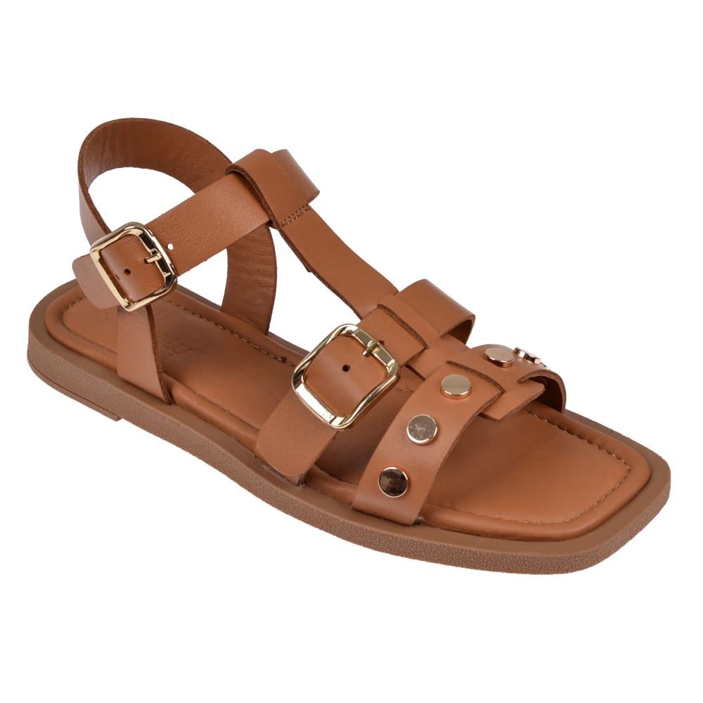 Beety Hakiki Deri Düz Taban Kadın Sandalet BEE-M270   TABA