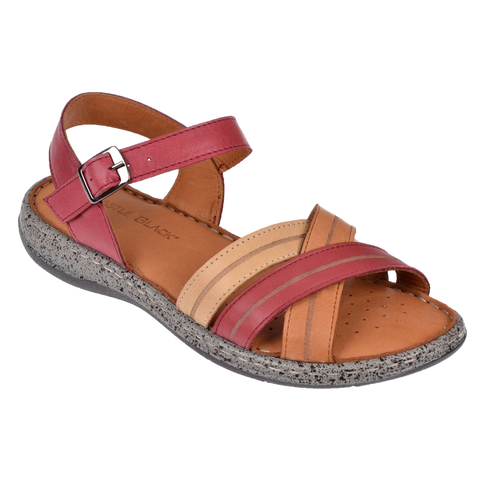 Castle Black Hakiki Deri Comfort Kadın Sandalet CB-22382 KIRMIZI MULTİ
