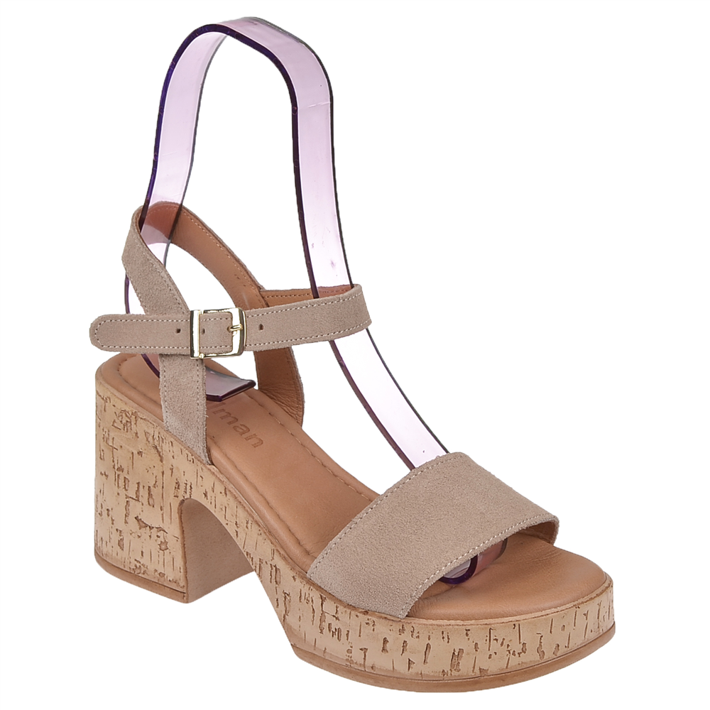 Pullman Hakiki Deri Platform Taban Kadın Sandalet PLM-26158   VİZON SÜET