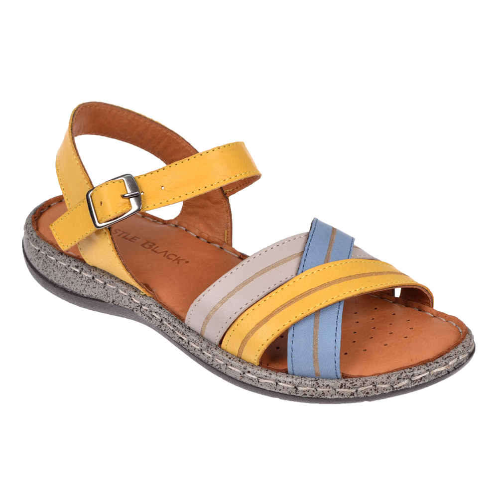 Castle Black Hakiki Deri Comfort Kadın Sandalet CB-22382 SARI MULTİ