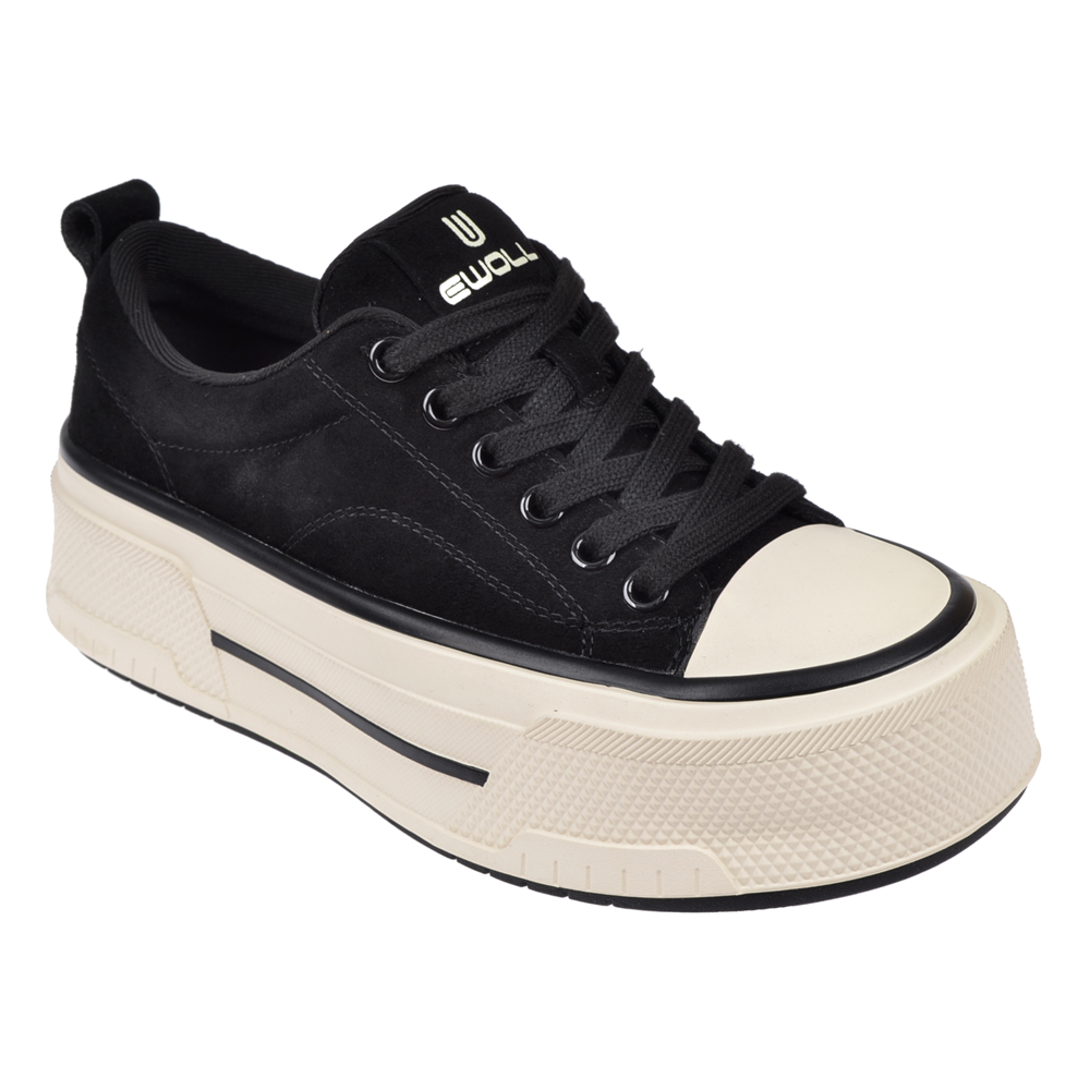 Ewoll Kalın Taban Kadın Spor Ayakkabı Sneaker EW-1109 SİYAH SÜET