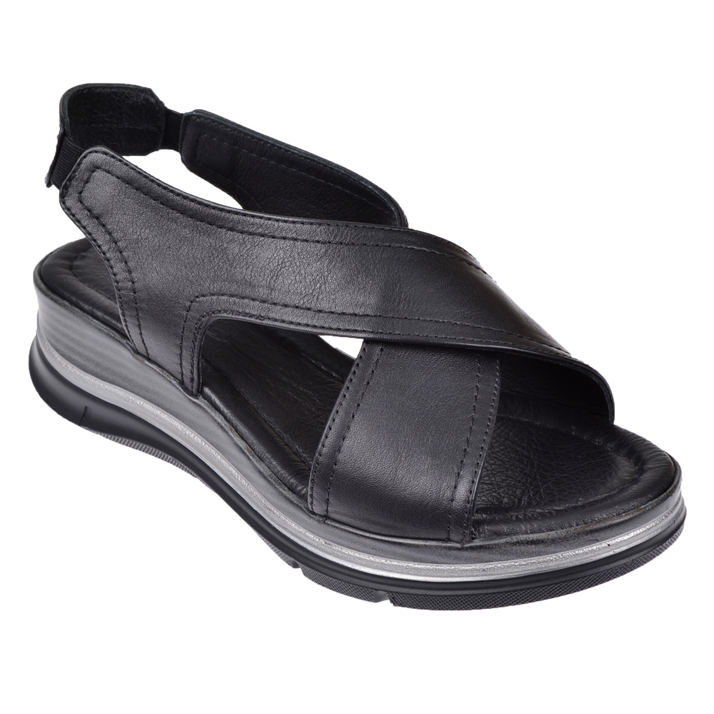 Floor Hakiki Deri Çapraz Bantlı Kadın Sandalet MAK-2562   SİYAH