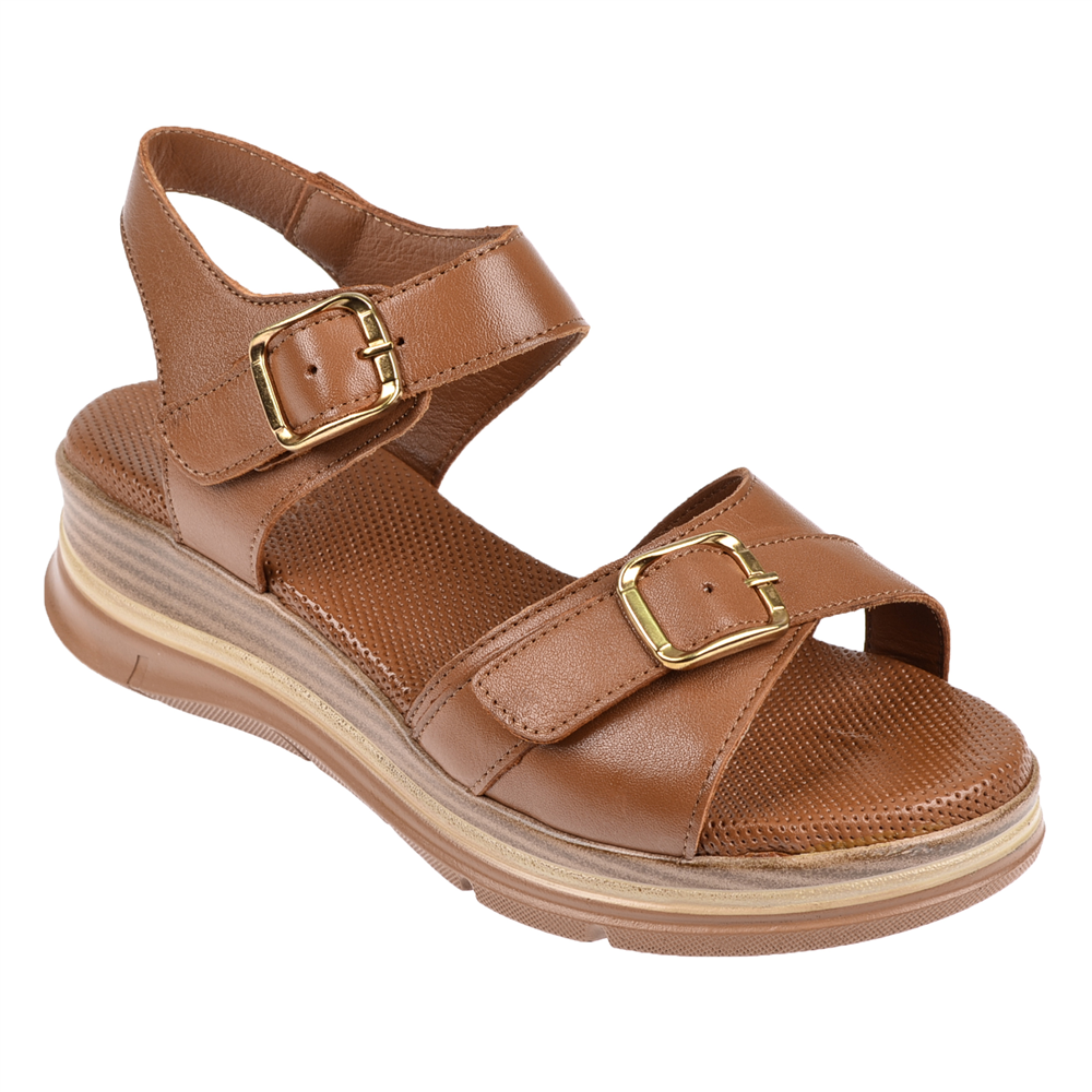 Floor Hakiki Deri Comfort Kadın Sandalet MAK-1906   TABA