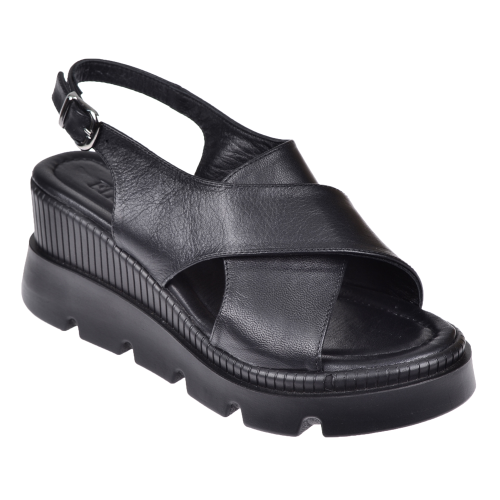 Floor Hakiki Deri Kalın Taban Kadın Sandalet MAK-2005   SİYAH