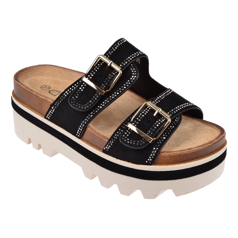 Guja Taşlı Çift Tokalı Kalın Taban Kadın Terlik GJ-26Y221   SİYAH