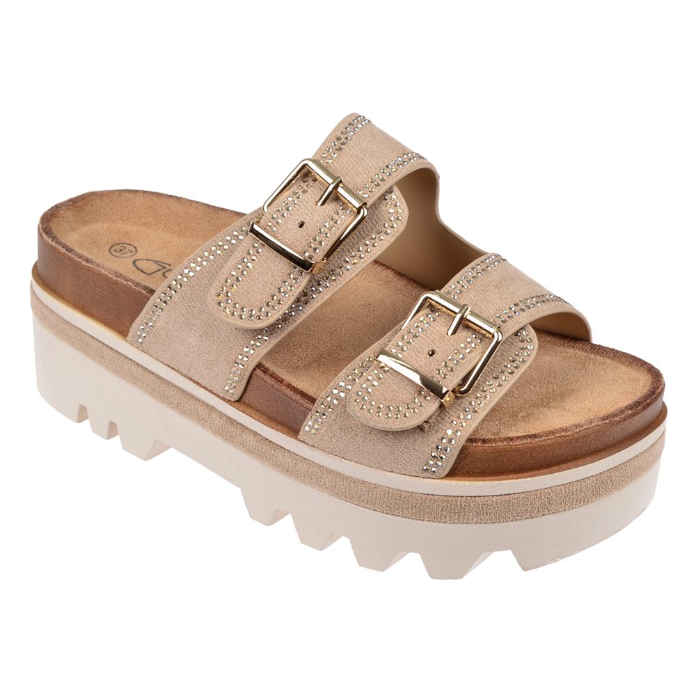 Guja Taşlı Çift Tokalı Kalın Taban Kadın Terlik GJ-26Y221   BEJ