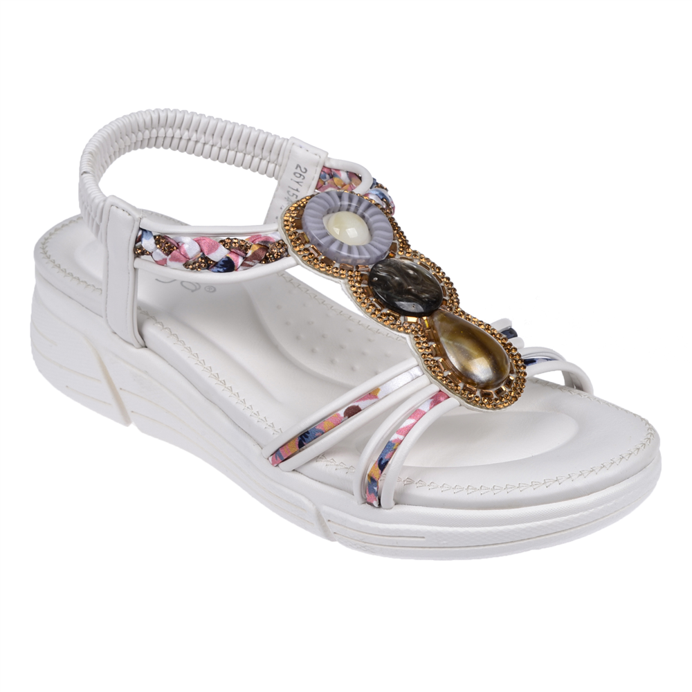 Guja Taşlı Comfort 5Cm Dolgu Taban Kadın Sandalet GJ-26Y1542 BEYAZ