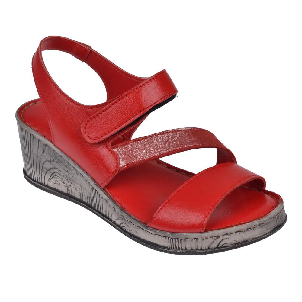 Pullman Hakiki Deri Cırtlı Kadın Sandalet PLM-9   KIRMIZI