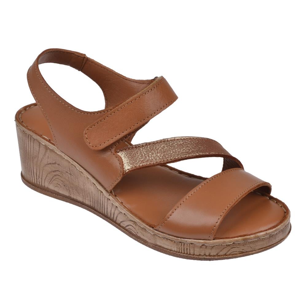 Pullman Hakiki Deri Cırtlı Kadın Sandalet PLM-9   TABA