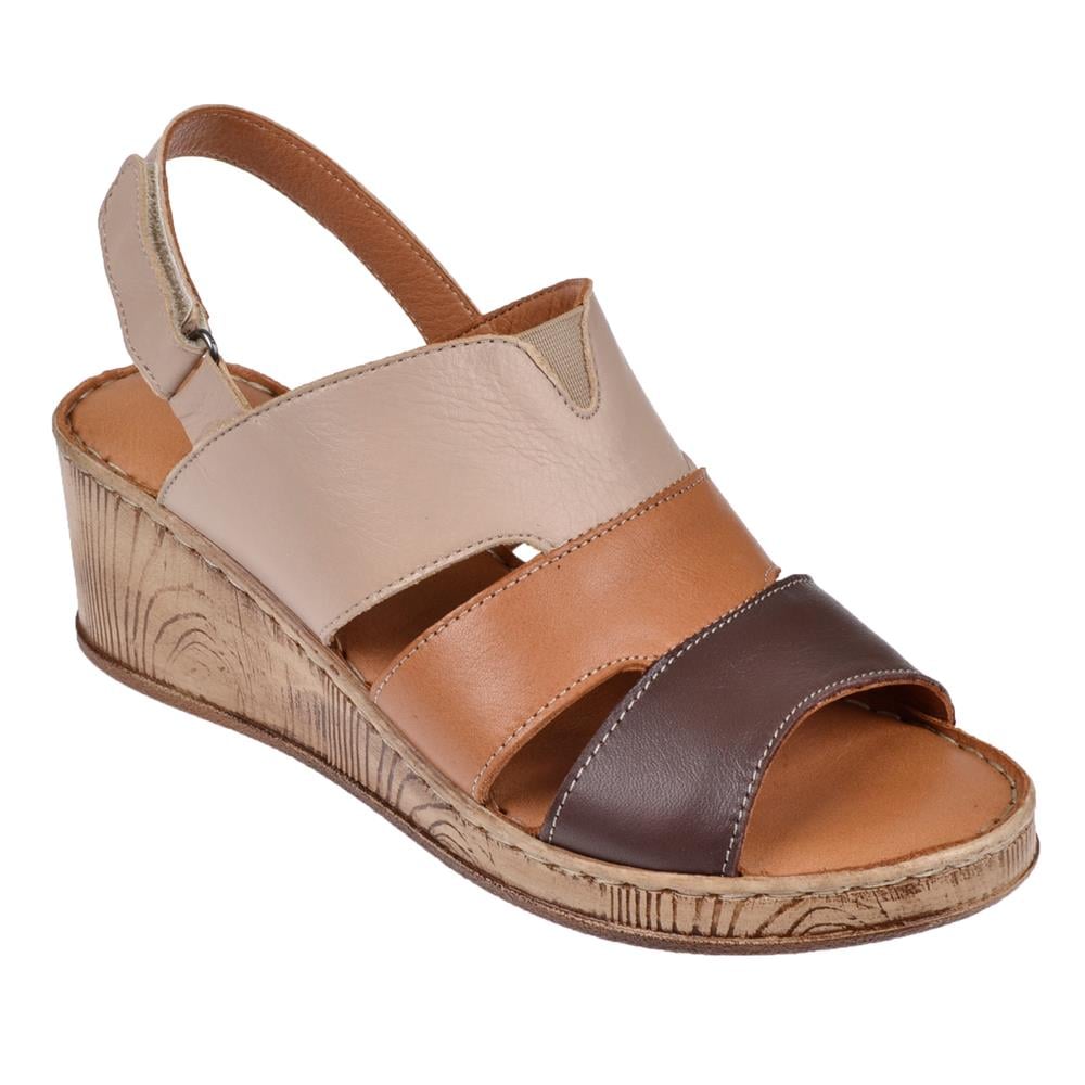 Pullman Hakiki Deri Comfort Kadın Sandalet PLM-01   BEJ MULTİ