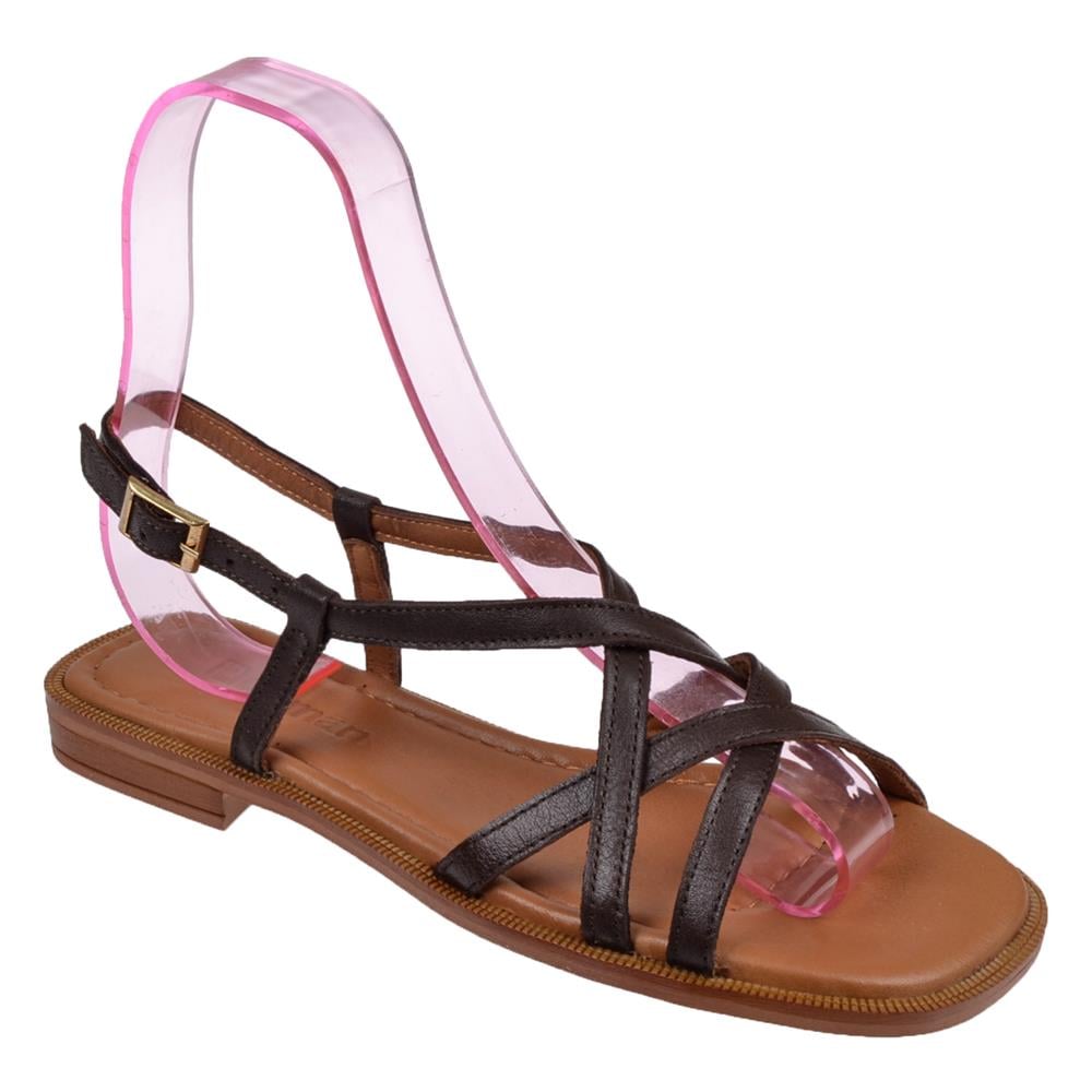 Pullman Hakiki Deri Düz Taban Kadın Sandalet BEL-16213   KAHVE