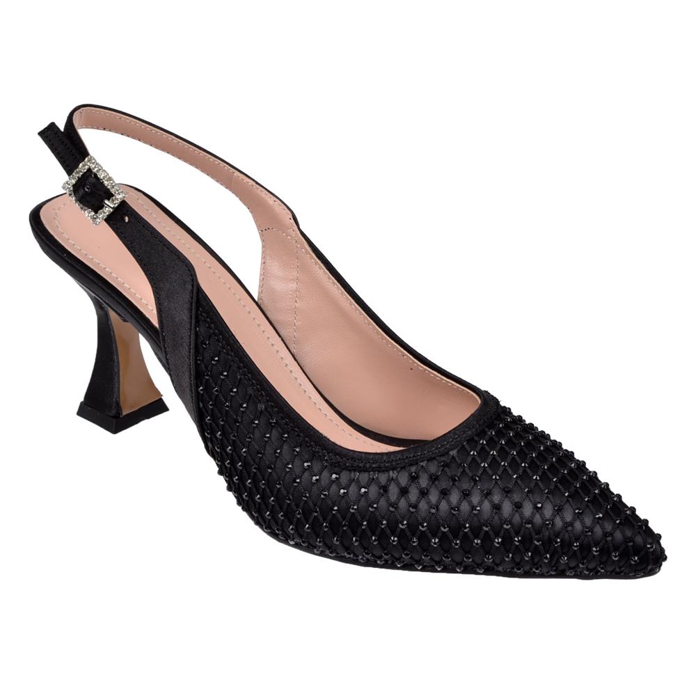 Pullman Taş Detaylı Kadın Topuklu Ayakkabı PL-4100   SİYAH SATEN