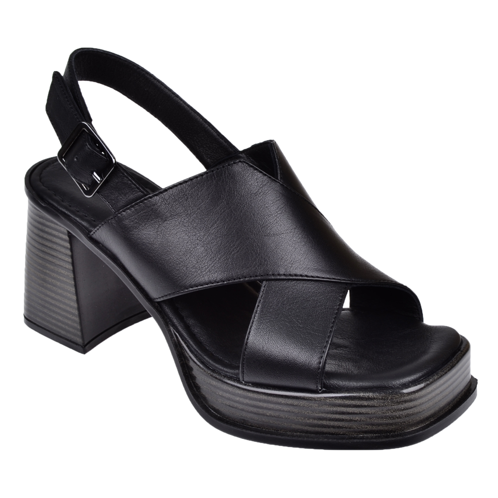 Sms Hakiki Deri Platform Taban Kadın Sandalet SMS-22103   SİYAH