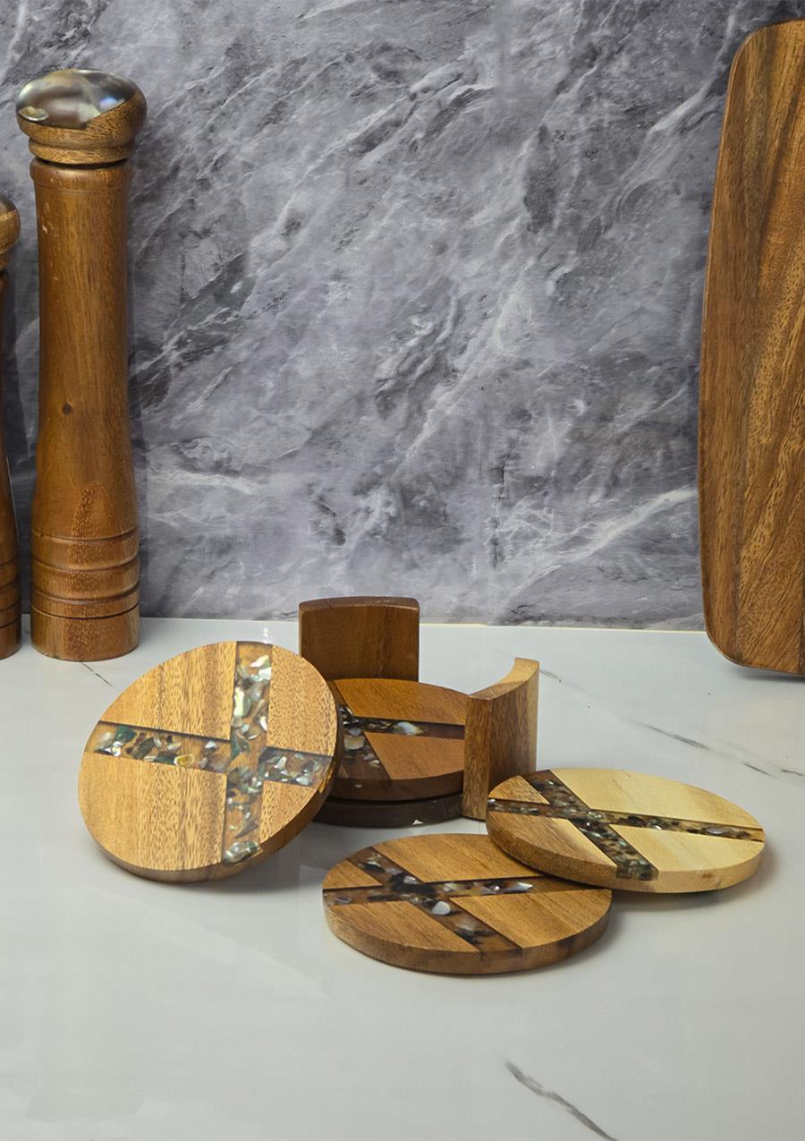 Akasya 4lü Bardak Altlığı  - Stantlı Çay Tabağı Takımı - 5 Parça, 11 CM