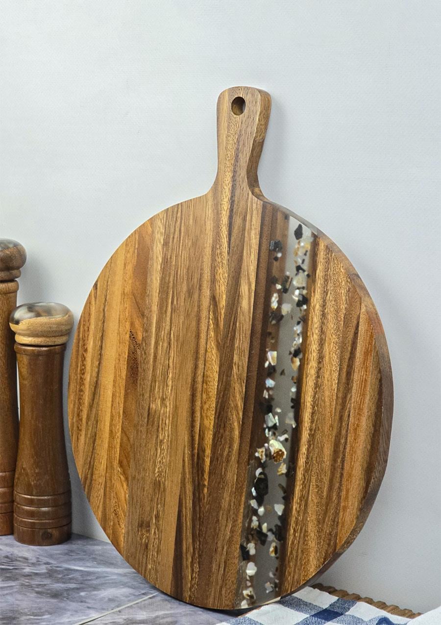 Akasya Kesme Tahtası - Yuvarlak Kesim Tahtası - 39 CM