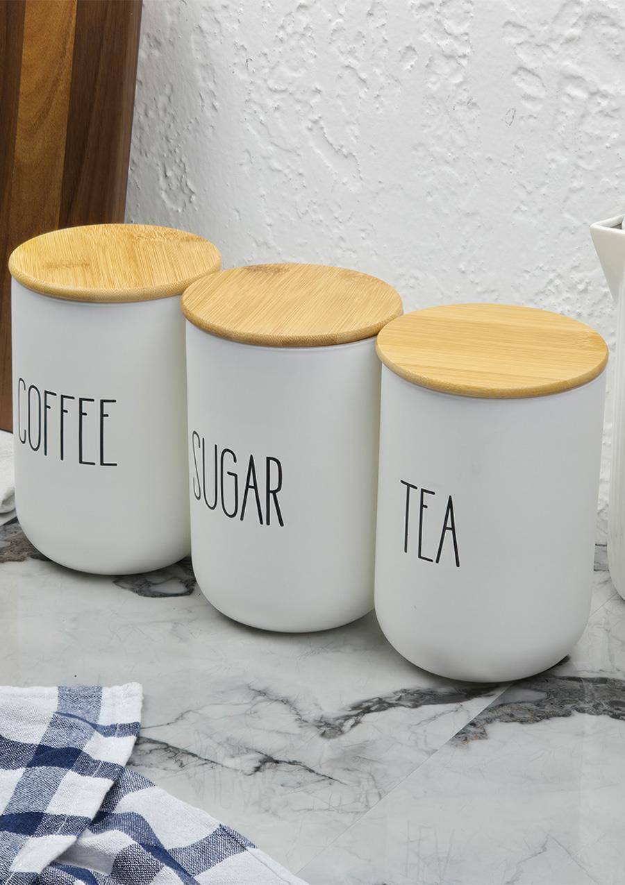 Seramik Kavanoz Seti - Bambu Kapaklı Kavanoz Takımı - Büyük Boy, 3x1000 ML