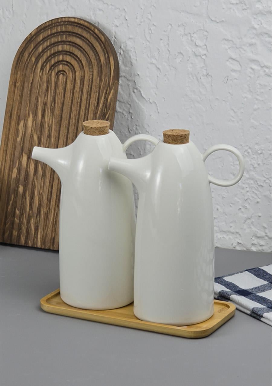 2li Porselen Yağdanlık Seti - Bambu Altlıklı Yağlık Takımı - Mantar Kapak - 2x500 ML