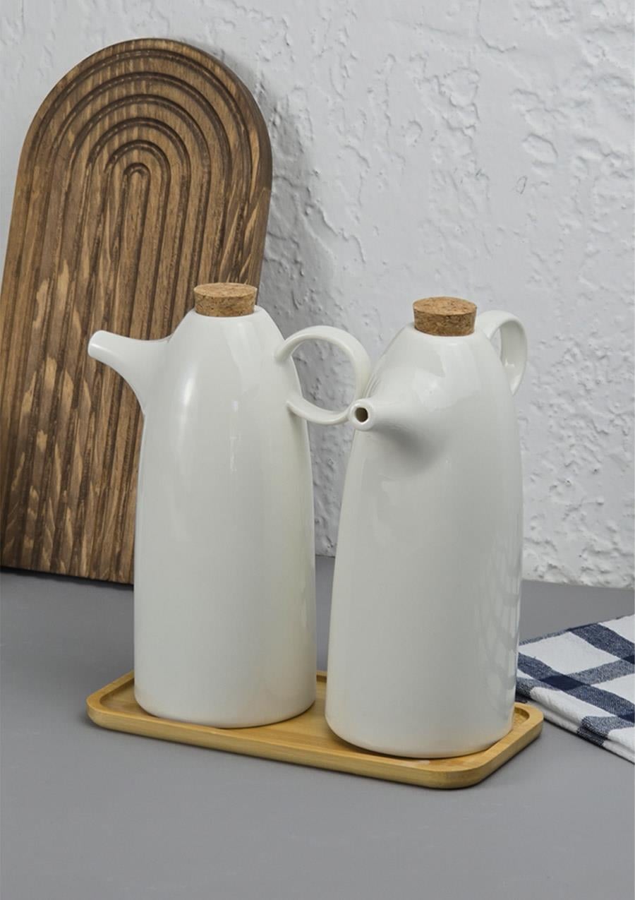 2li Porselen Yağdanlık Seti - Bambu Altlıklı Yağlık Takımı - Mantar Kapak - 2x500 ML