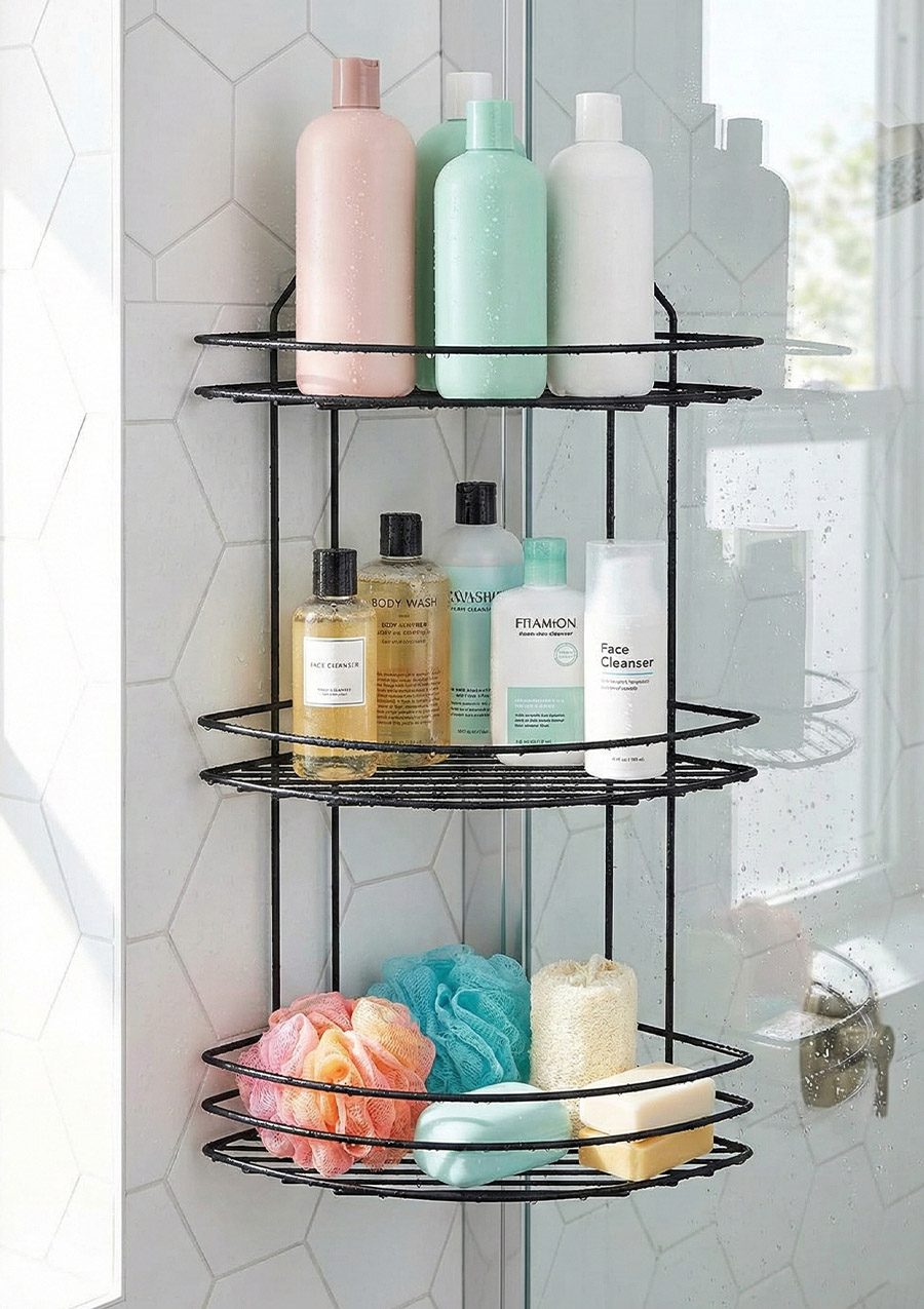 3 Katlı Banyo Köşeliği - Plastik Kaplama Duş Rafı ve Organizer