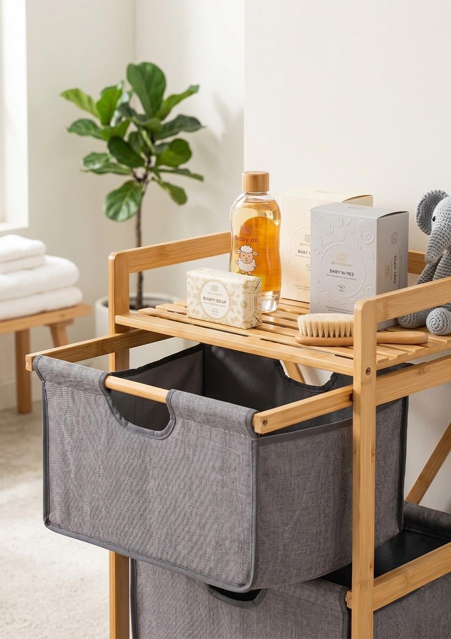 3 Katlı Çekmeceli Bambu Çamaşır Sepeti Banyo Mutfak Düzenleyici Dolap 44x32x96