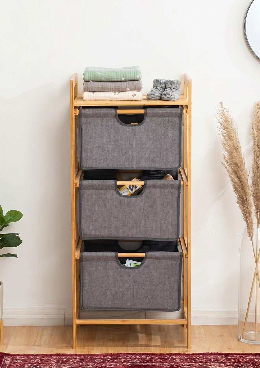 3 Katlı Çekmeceli Bambu Çamaşır Sepeti Banyo Mutfak Düzenleyici Dolap 44x32x96