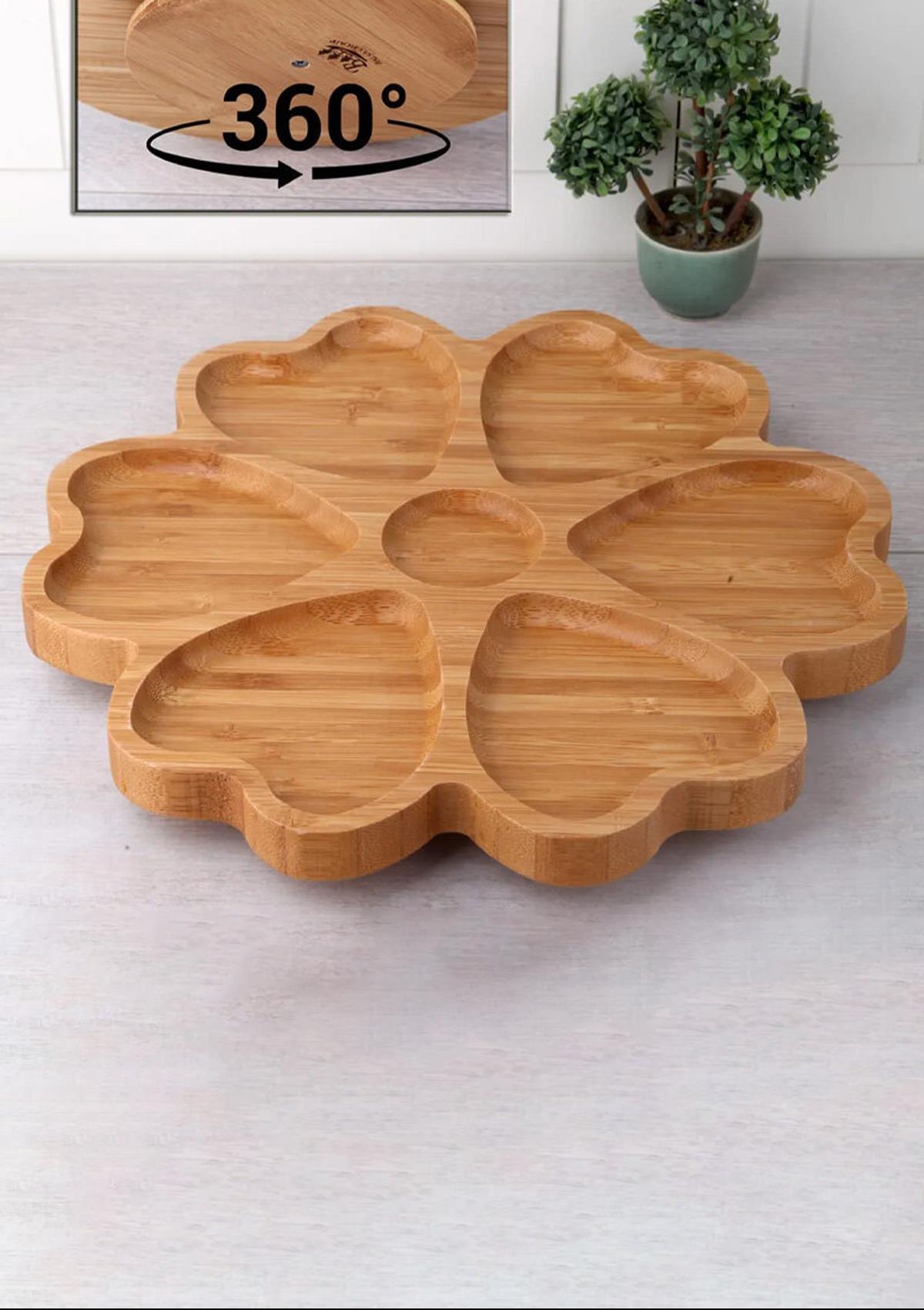 Bambu Döner Stantlı Çok Amaçlı Sunum Tabağı - Şekerlik, Kahvaltılık - 30 CM - Kalp Şekilli