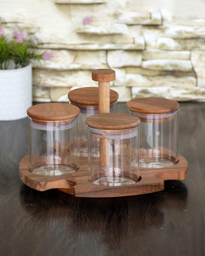 Bambu Kavanoz Seti - 5 Parça Stantlı Baharatlık Takımı - 230 ML