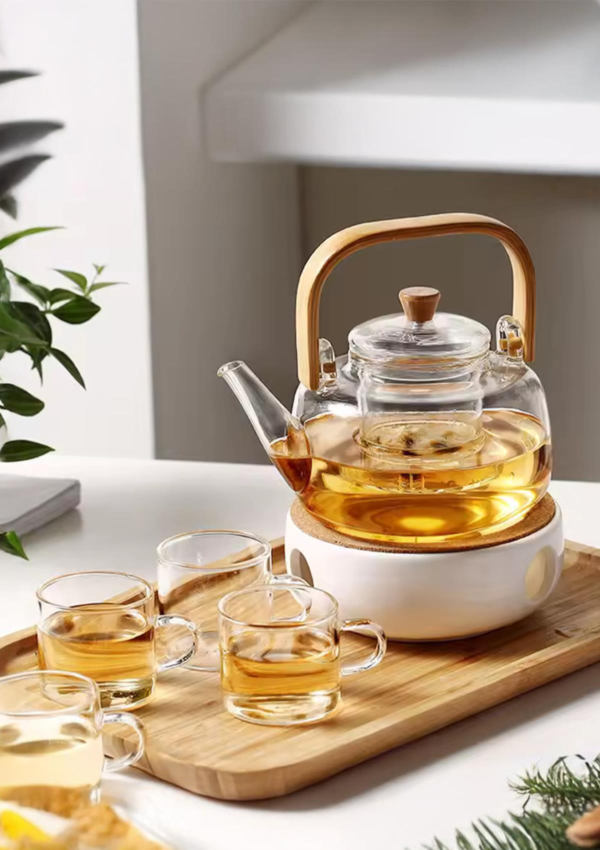 Borosilikat Cam Demlik - Bambu Kulplu Bitki Demliği - Isıya Dayanıklı 800 ML