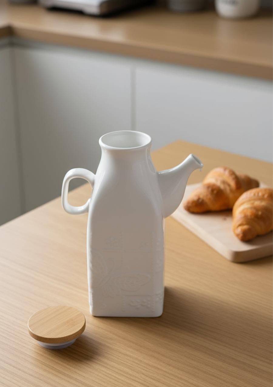 Porselen Süt Şişesi - Bambu Kapaklı Yağdanlık 650 ML