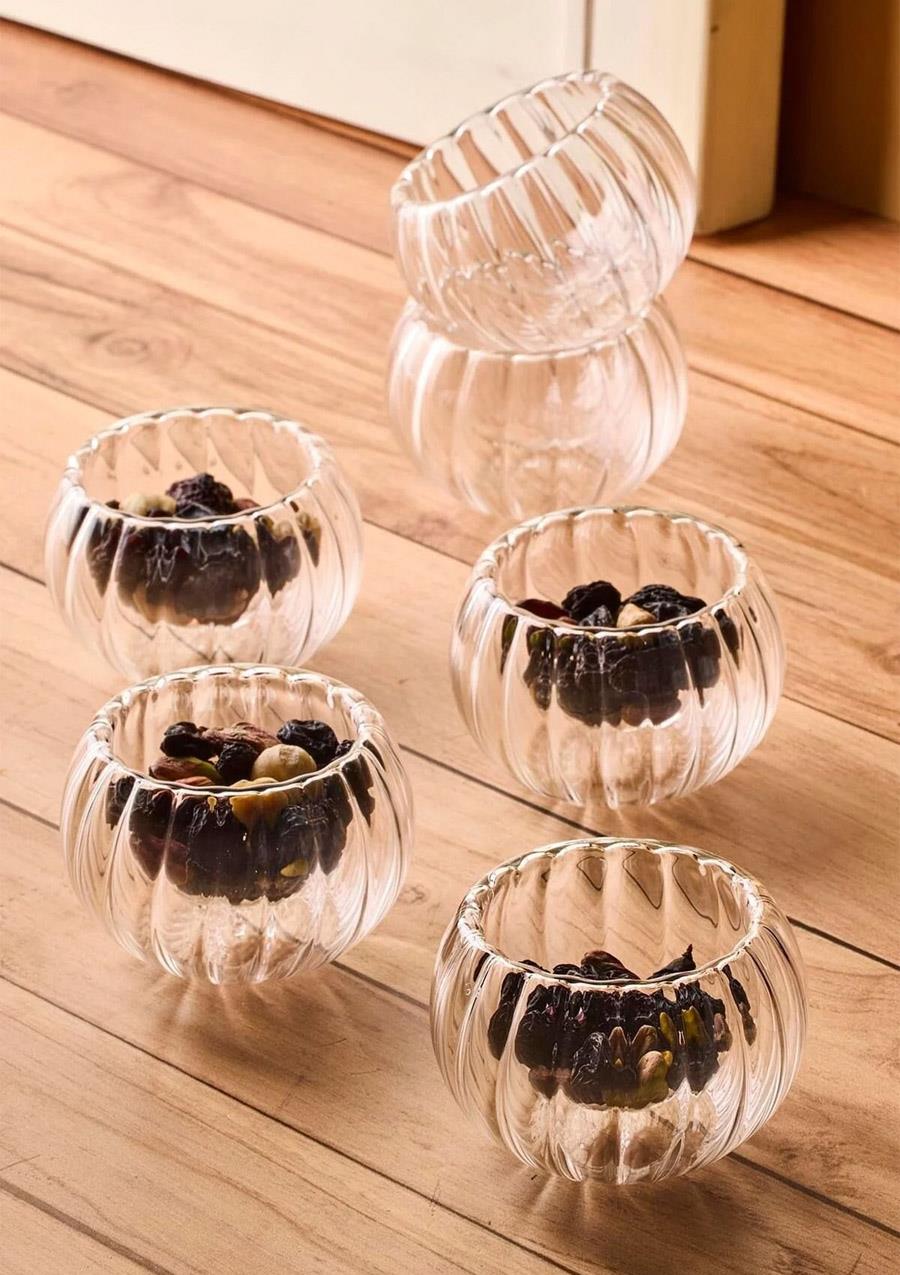 Bowy Line Çift Cidarlı Cam Lokumluk Seti - 6 Adet