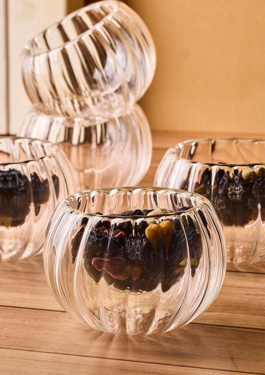 Bowy Line Çift Cidarlı Cam Lokumluk Seti - 6 Adet