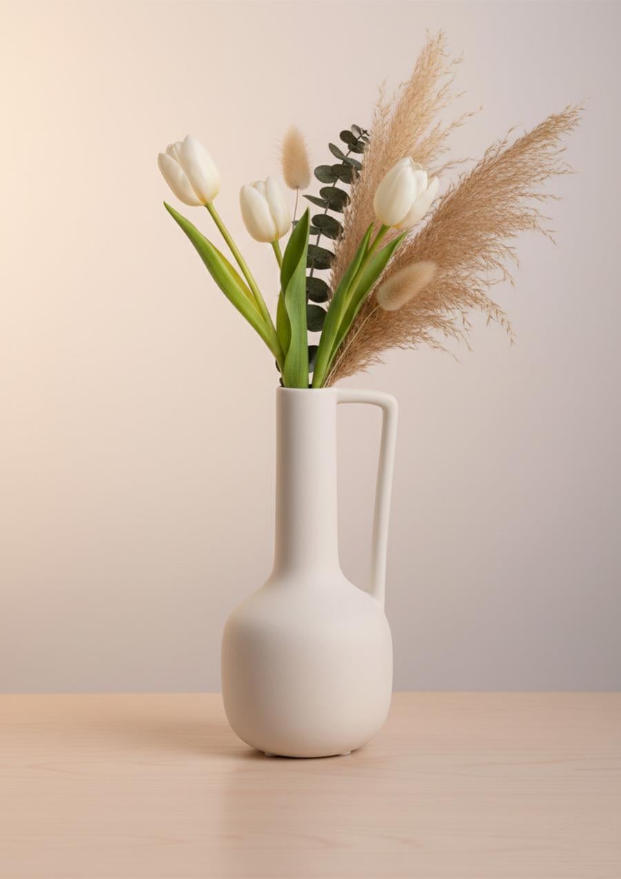 Fiona Seramik Vazo Kulplu, Beyaz 25 CM