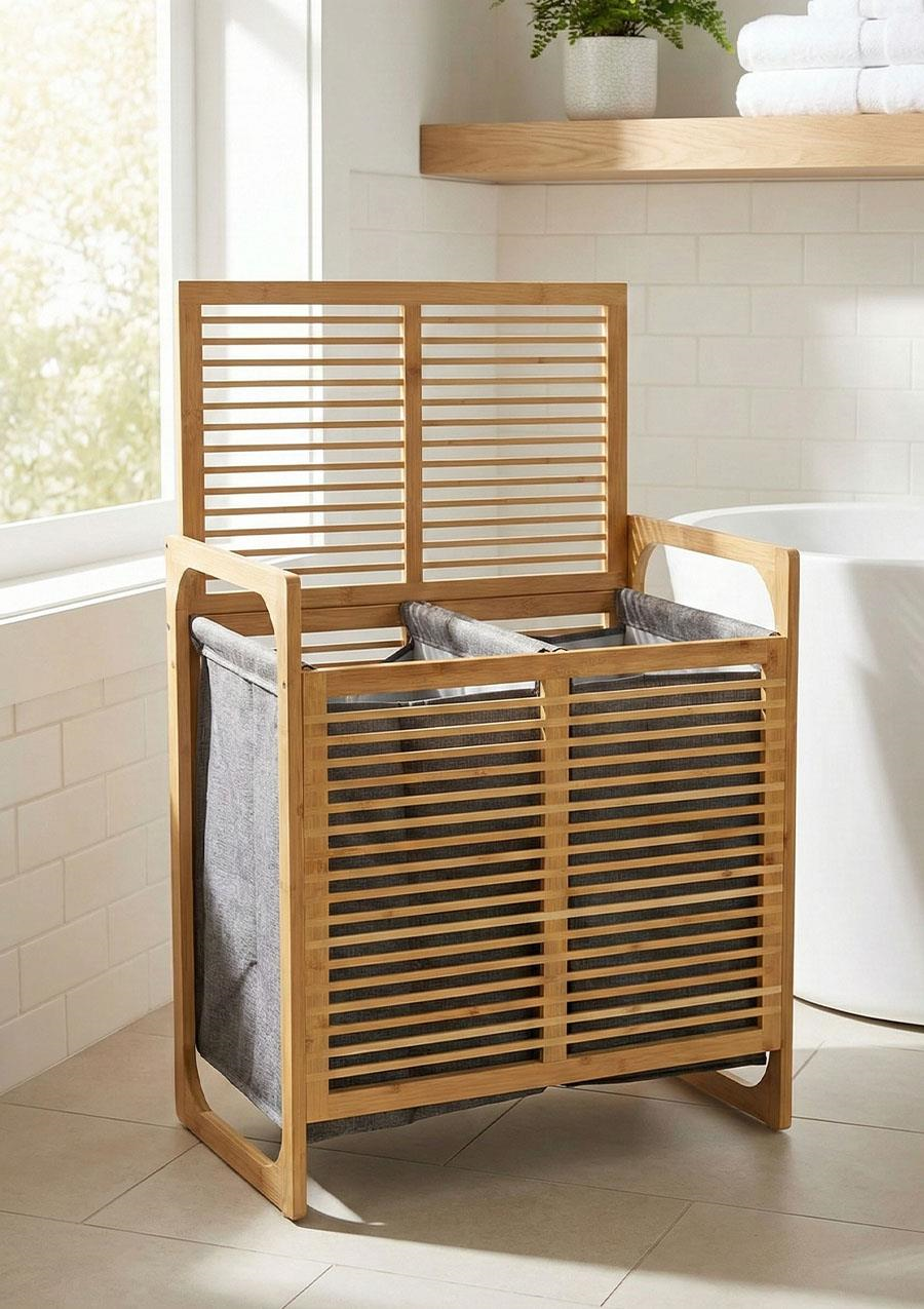 Bambu Çamaşır Sepeti Çift Hazneli 2x35 Litre