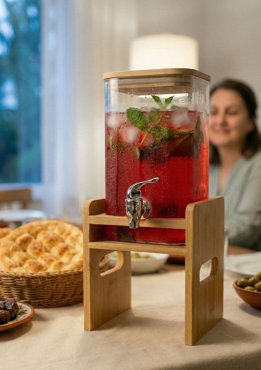 Bambu Detaylı Borosilikat Cam Sebil, Şerbetlik, Sürahi - Küçük boy, 2 Litre 