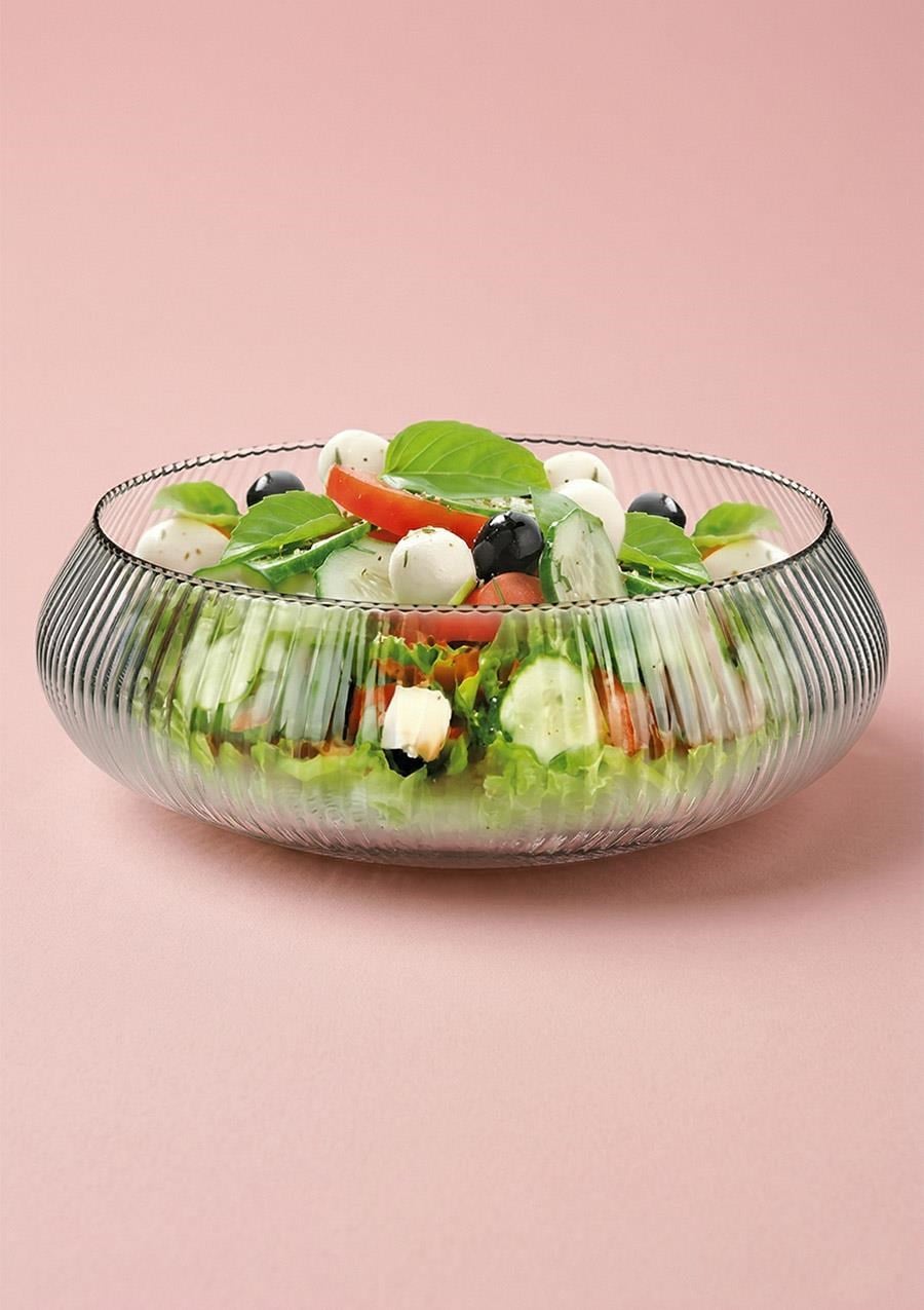 Büyük Boy Cam Salata Kasesi - Çizgili Salata Tabağı 30 CM