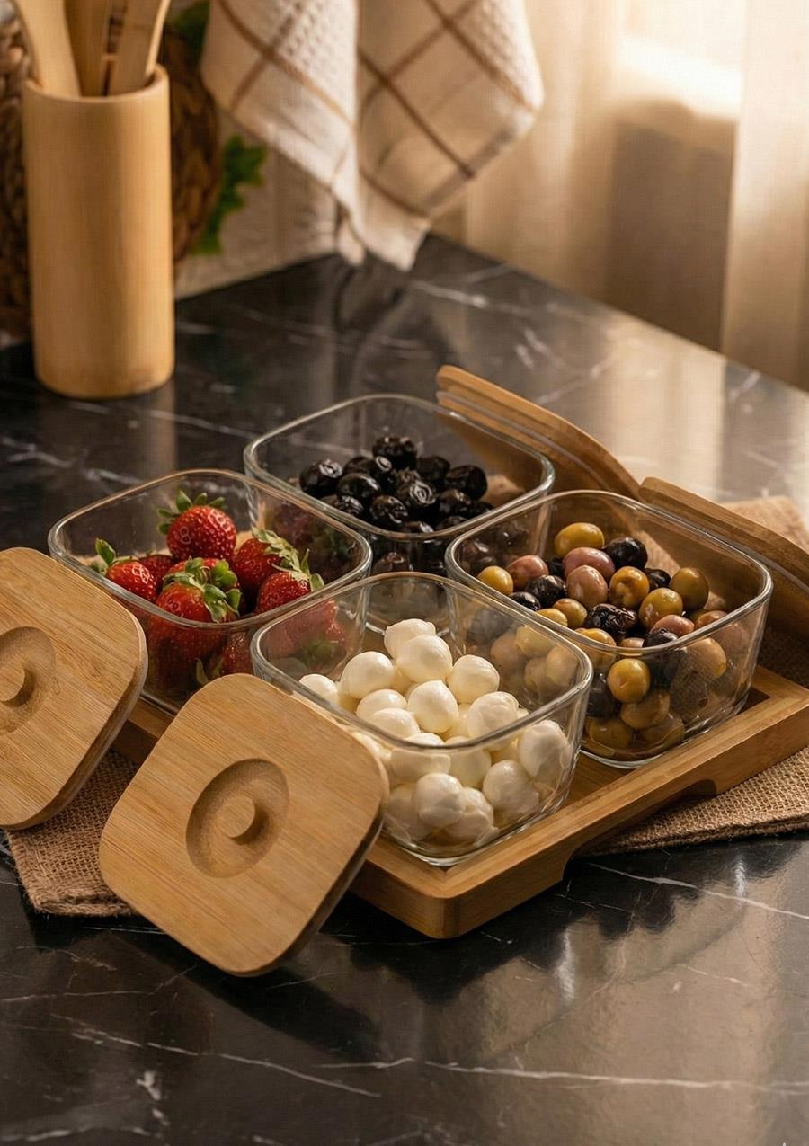 Cam Kahvaltı Seti Bambu Kapaklı 9 Parça 4x200 ML