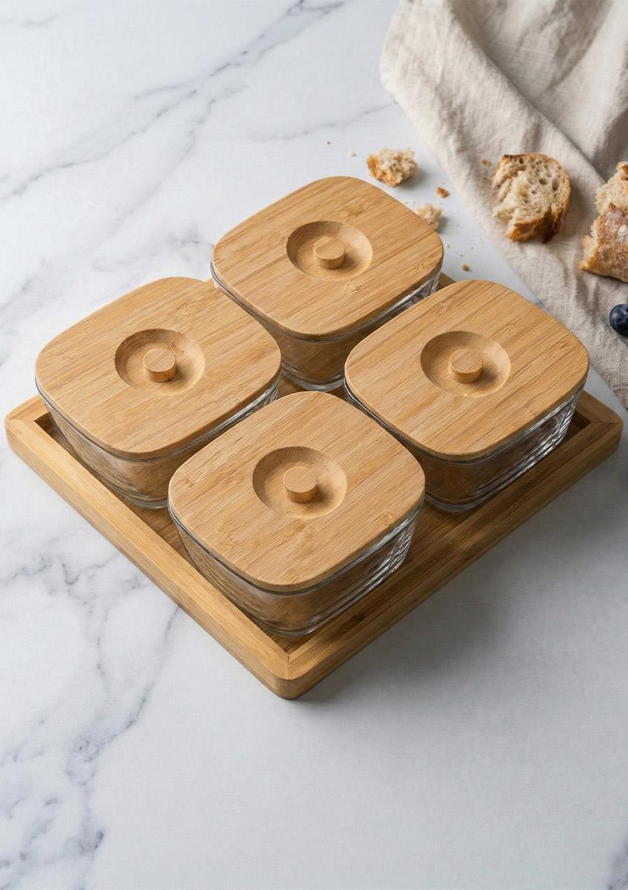Cam Kahvaltı Seti Bambu Kapaklı 9 Parça 4x200 ML