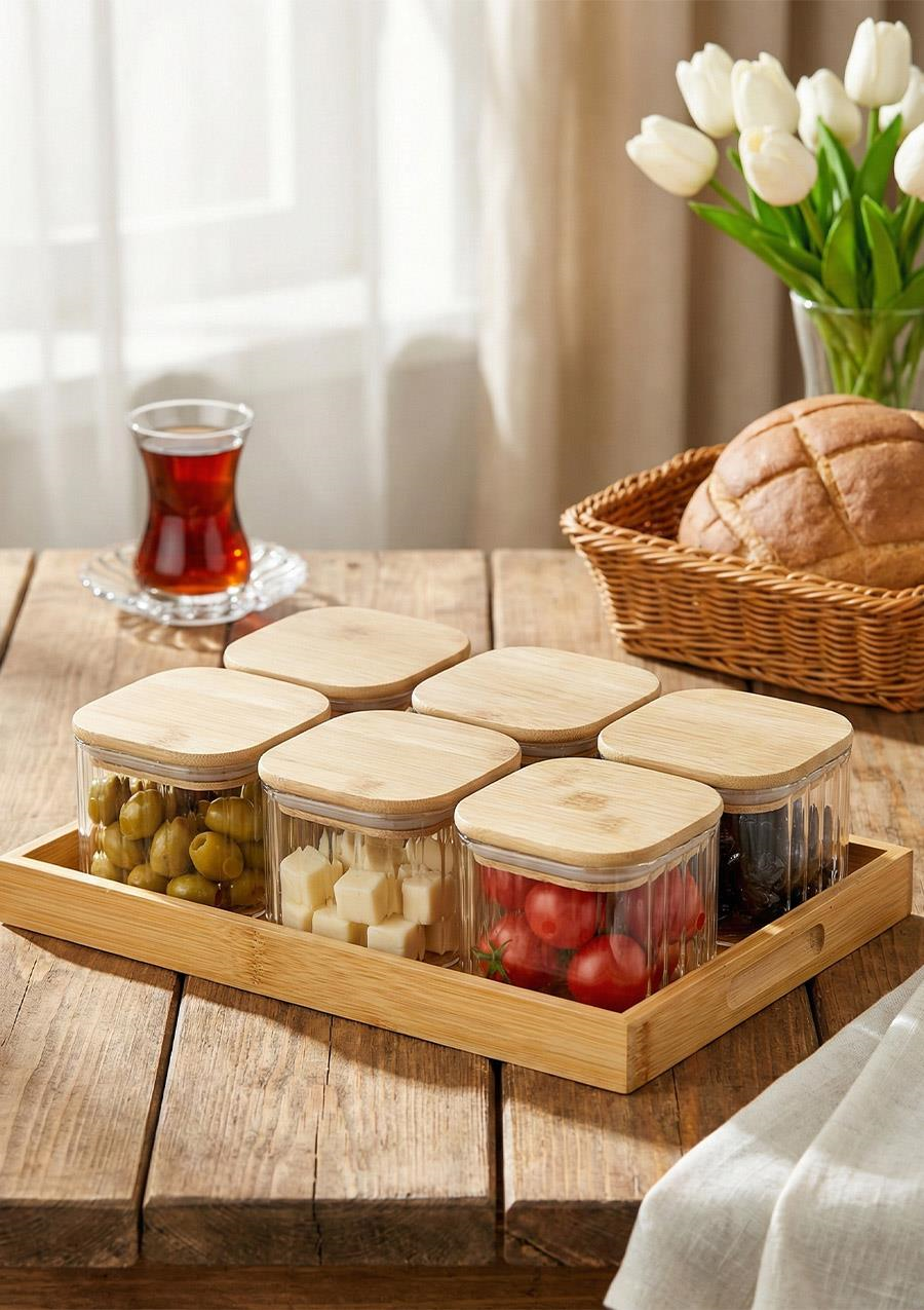 Cam Kahvaltı Takımı -Bambu Kare Kahvaltılık 13 Parça, Çizgili