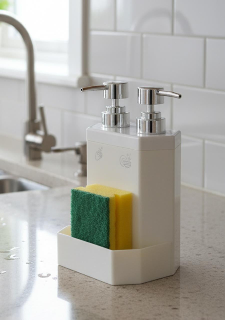 Lecce Çift Hazneli Mutfak Sıvı Sabunluk Seti - Plastik Sıvı Sabunluk Takımı - 850 ML