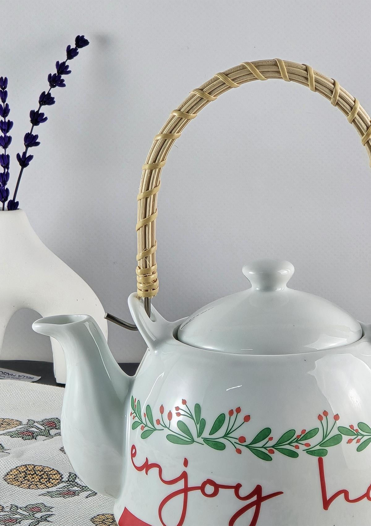 Enjoy Porselen Demlik - Hasır Saplı Çay Demliği - Üstten Saplı Demlik - 1 Litre