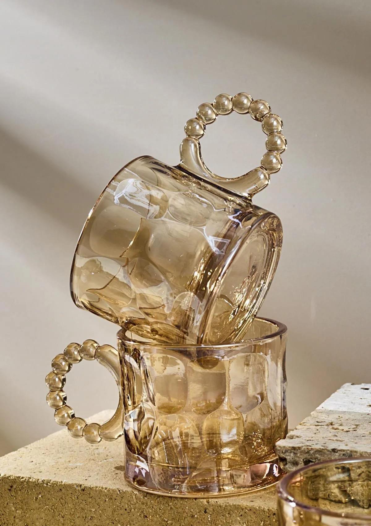 6lı Cam Fincan Seti - Boncuklu Kulp Çay Bardağı Takımı - 100 ML - Taş Desen