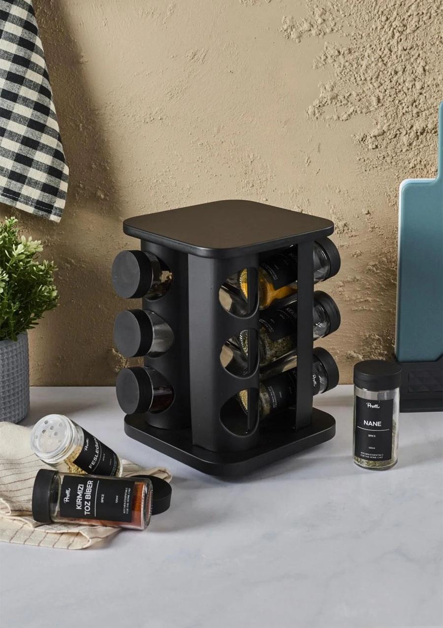 Siyah Döner Standlı Kare Cam Siyah Kapaklı Casa Black 12`li Standlı Baharatlık Seti