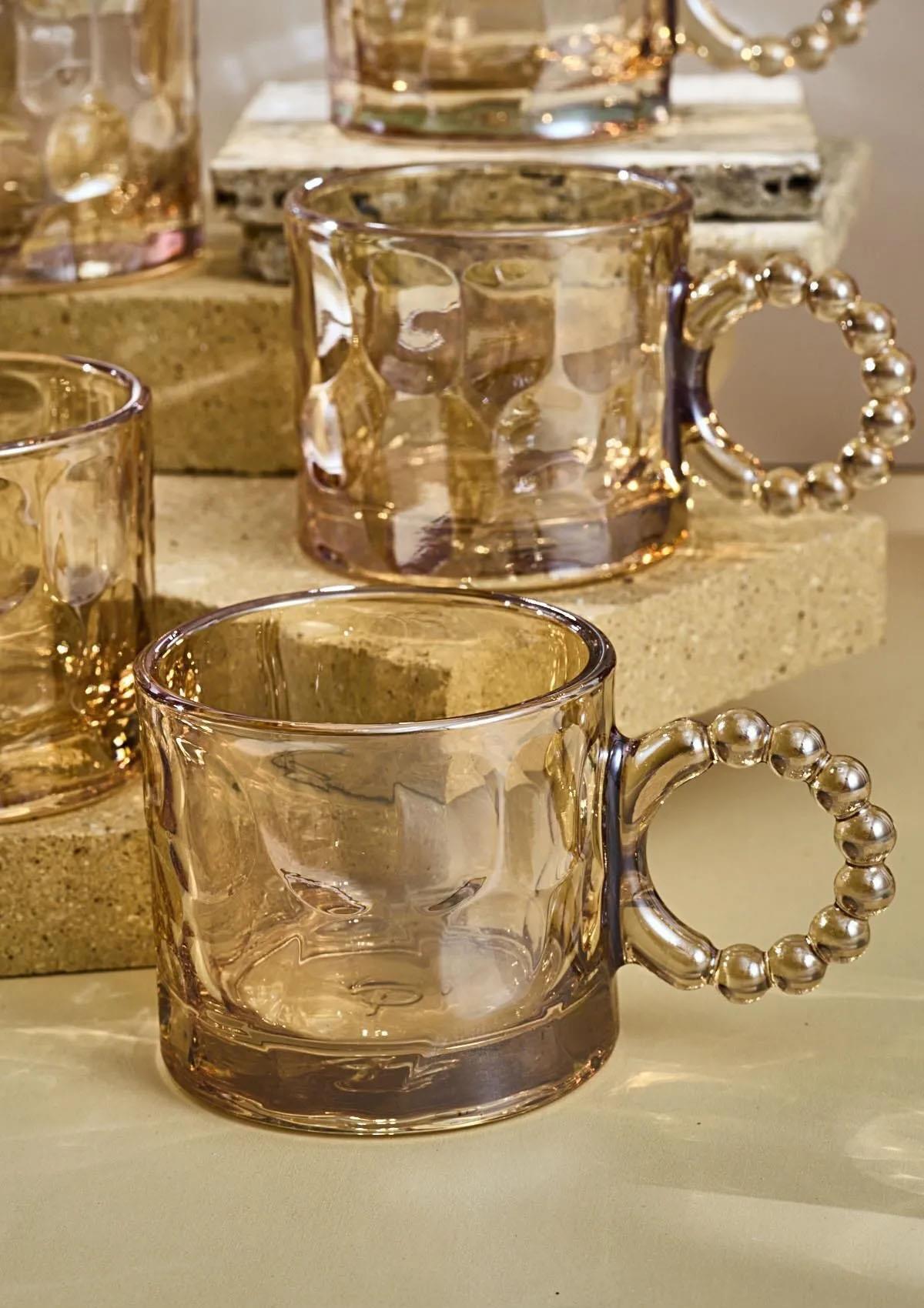 6lı Cam Fincan Seti - Boncuklu Kulp Çay Bardağı Takımı - 100 ML - Taş Desen