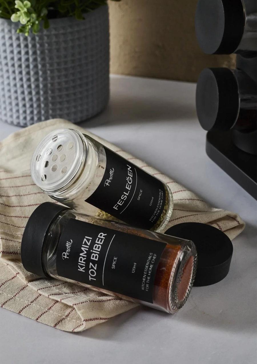 Siyah Döner Standlı Kare Cam Siyah Kapaklı Casa Black 12`li Standlı Baharatlık Seti