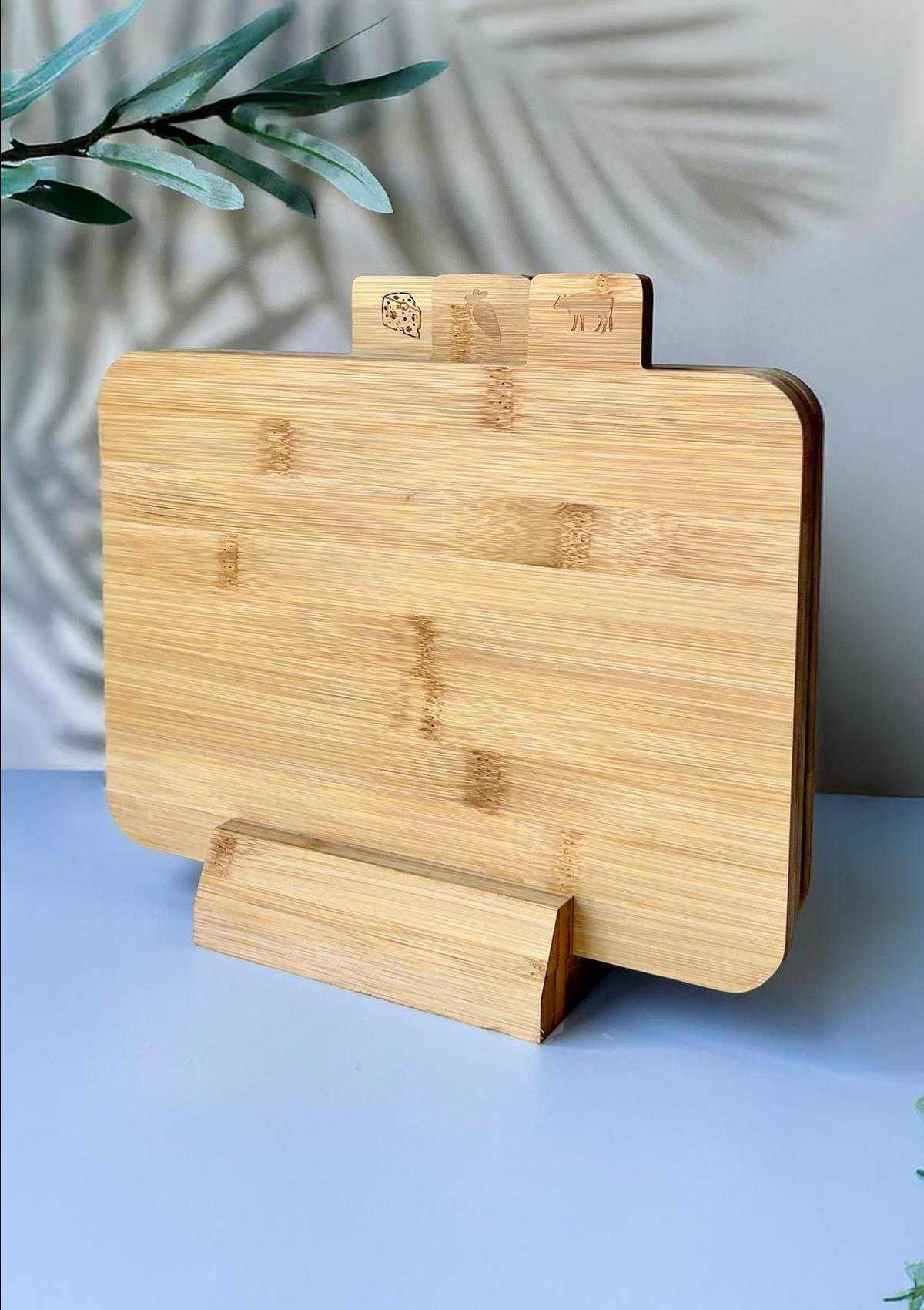 3lü Stantlı Kesme Tahtası Seti - Bambu Kesme Tahtası Takımı - 4 Parça