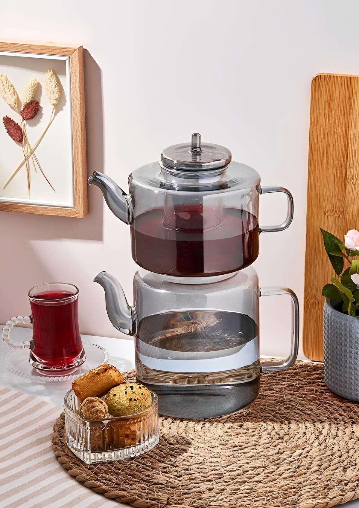 Borosilikat Cam Çaydanlık Seti - Sade Çaydanlık Takımı - Orta Boy - Ateşe Dayanıklı