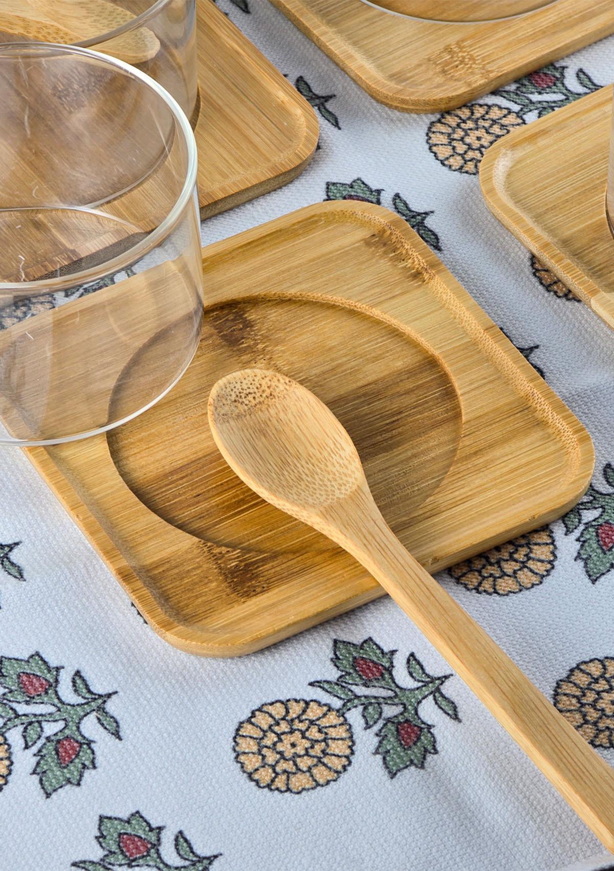 Borosilikat Cam Sufle Seti - Bambu Tabaklı 4lü Kase Takımı - 12 Parça - 250 ML
