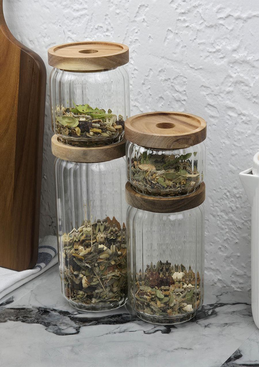 Timber Cam Kavanoz Seti - Çizgili 4lü Saklama Kavanozu Takımı - Ahşap Kapaklı, 8 Parça