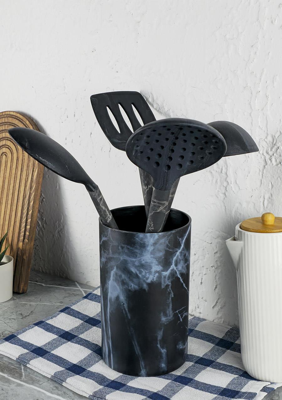 Silikon Servis Seti - Mermer Desenli Kepçe Kevgir Takımı - 5 Parça, Stantlı